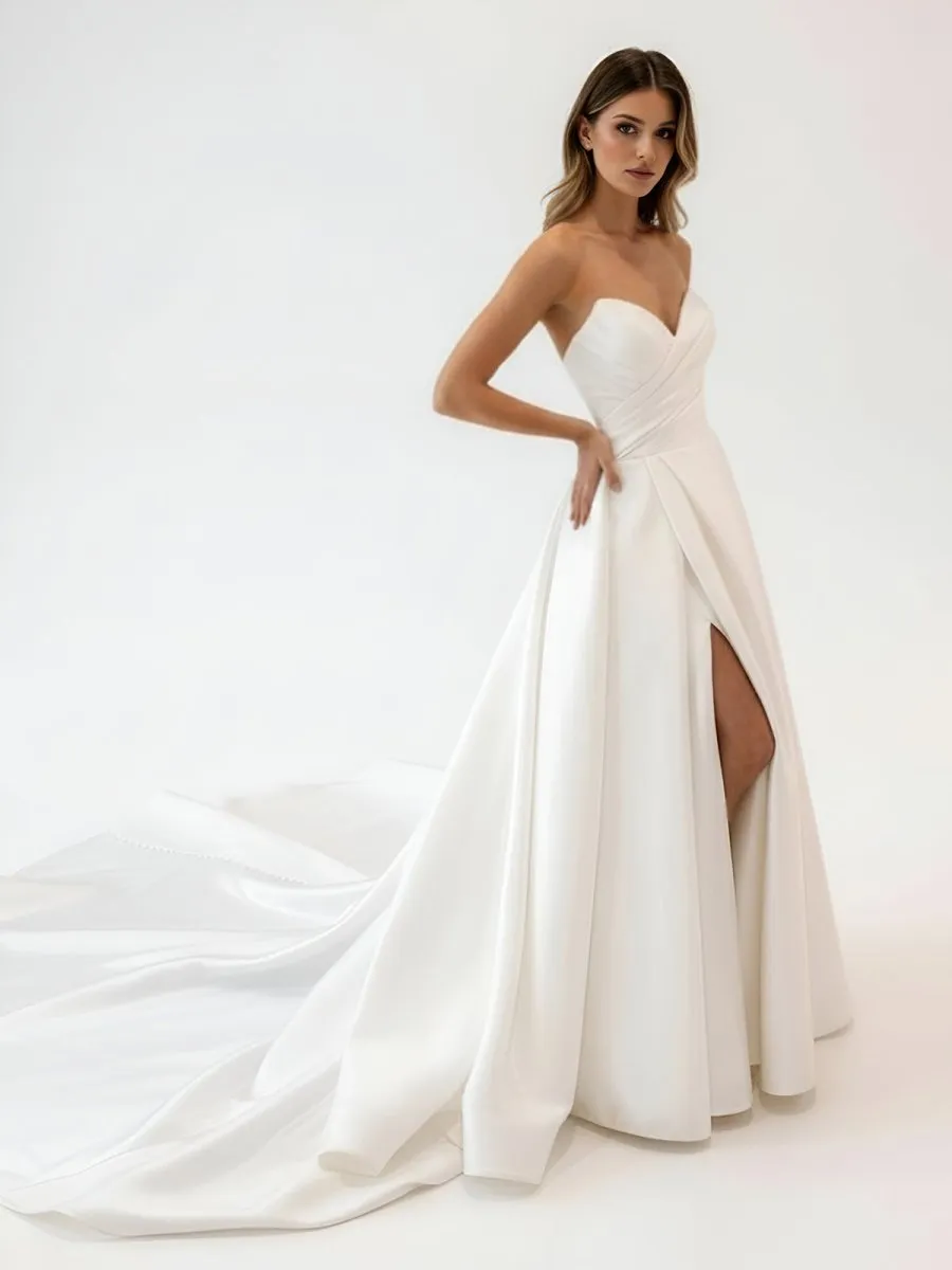 White Satin Long A-Line Wedding Dress with Slit sold by KissProm product image thumbnail 4