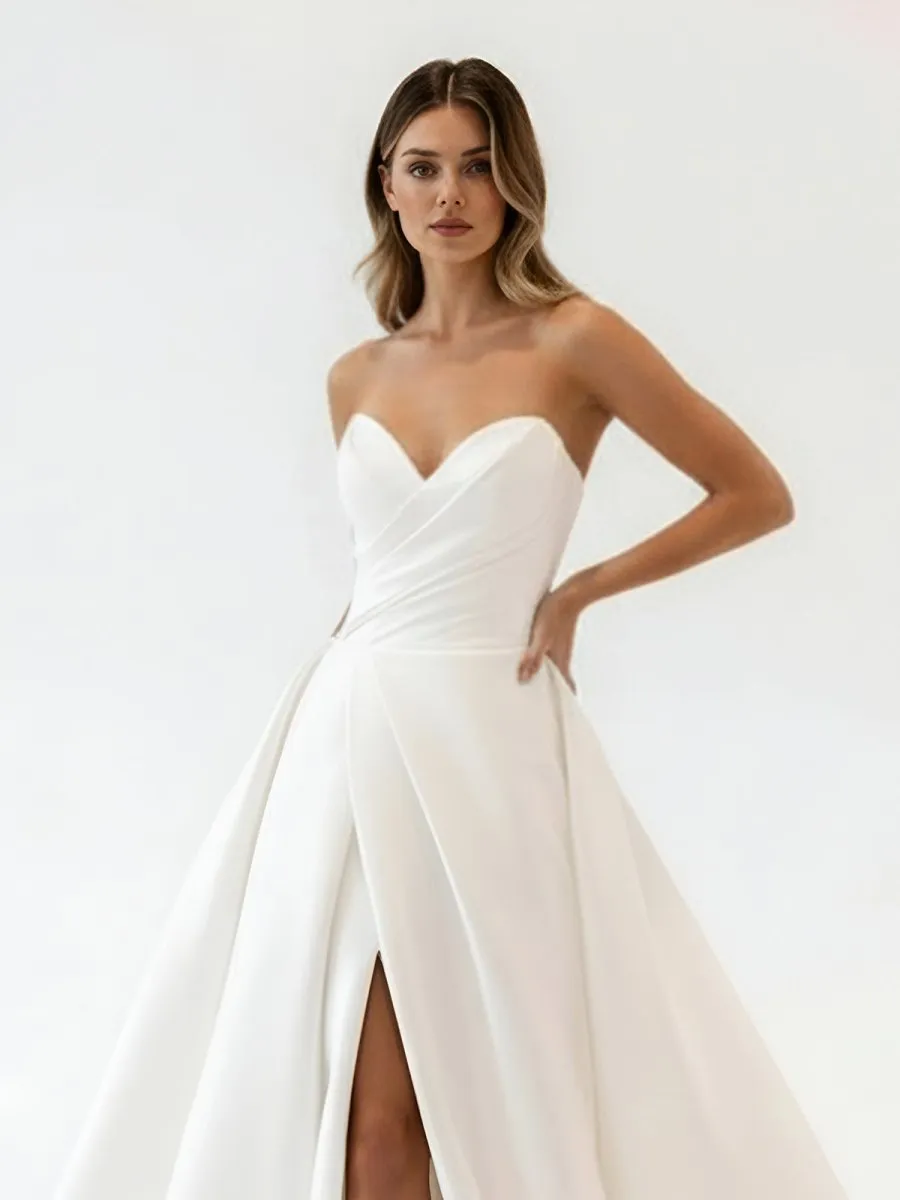 White Satin Long A-Line Wedding Dress with Slit sold by KissProm product image thumbnail 5
