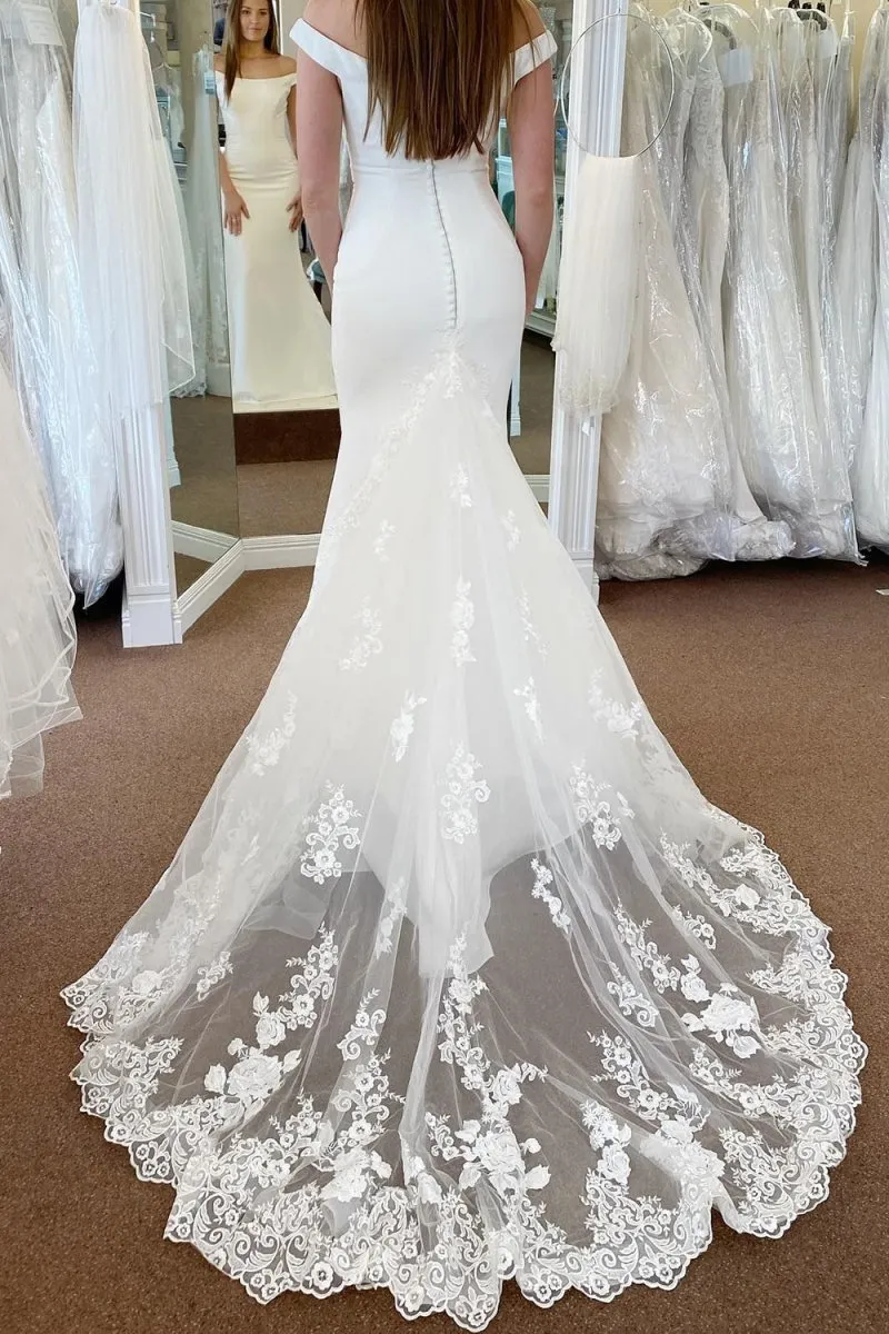 White Off the Shoulder Long Mermaid Wedding Dress with Lace Appliques sold by KissProm product image thumbnail 2