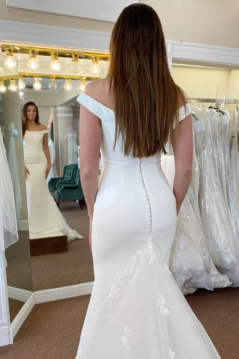 White Off the Shoulder Long Mermaid Wedding Dress with Lace Appliques sold by KissProm product image thumbnail 3