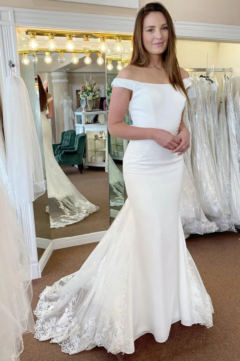 White Off the Shoulder Long Mermaid Wedding Dress with Lace Appliques sold by KissProm