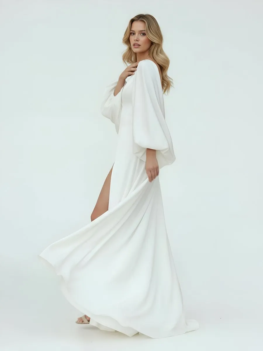 White Satin Simple A-Line Long Wedding Dress with Slit sold by KissProm product image thumbnail 3