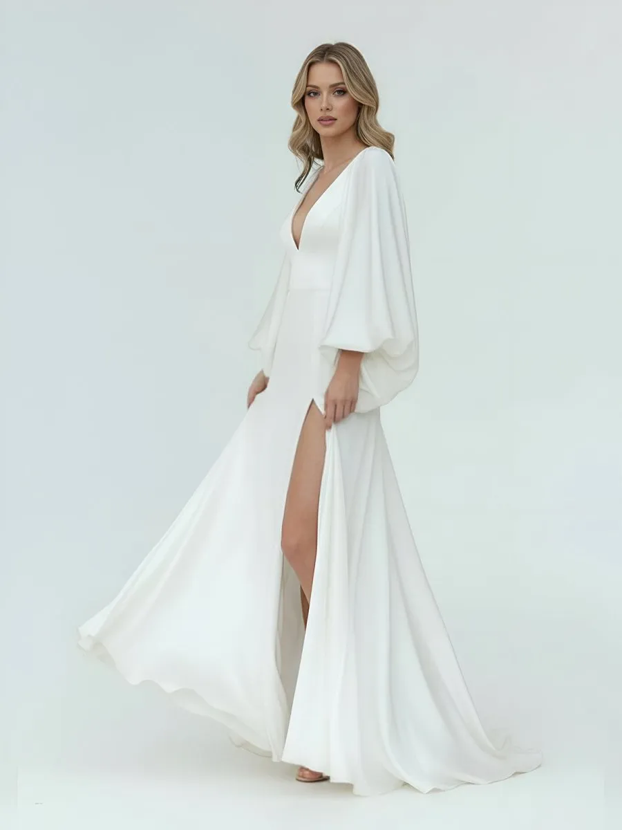 White Satin Simple A-Line Long Wedding Dress with Slit sold by KissProm product image thumbnail 4