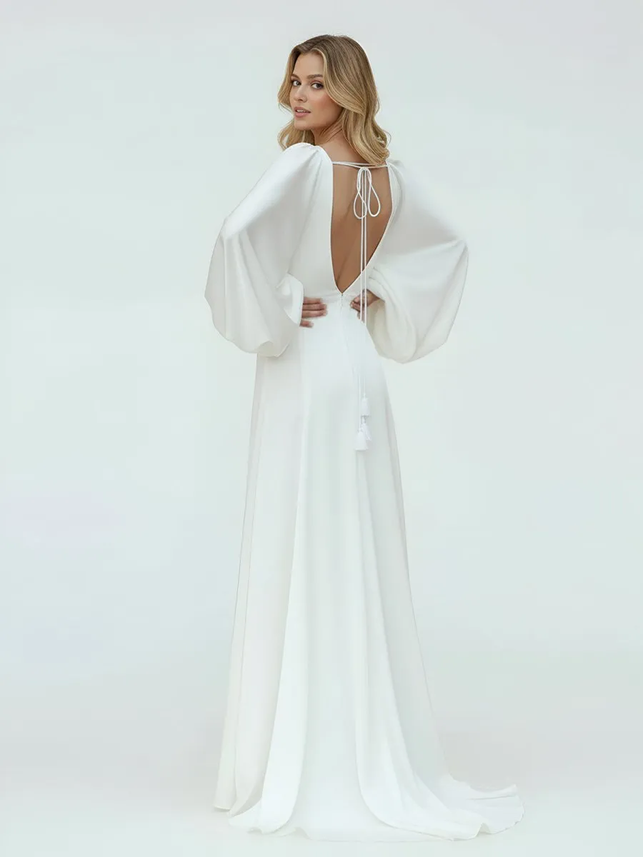 White Satin Simple A-Line Long Wedding Dress with Slit sold by KissProm product image thumbnail 2