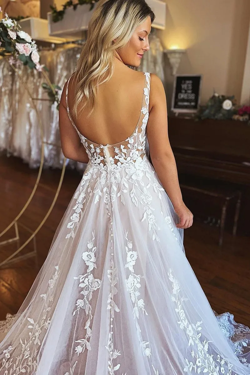 Ivory A-Line V-Neck Backless Long Lace Wedding Dress sold by KissProm product image thumbnail 4