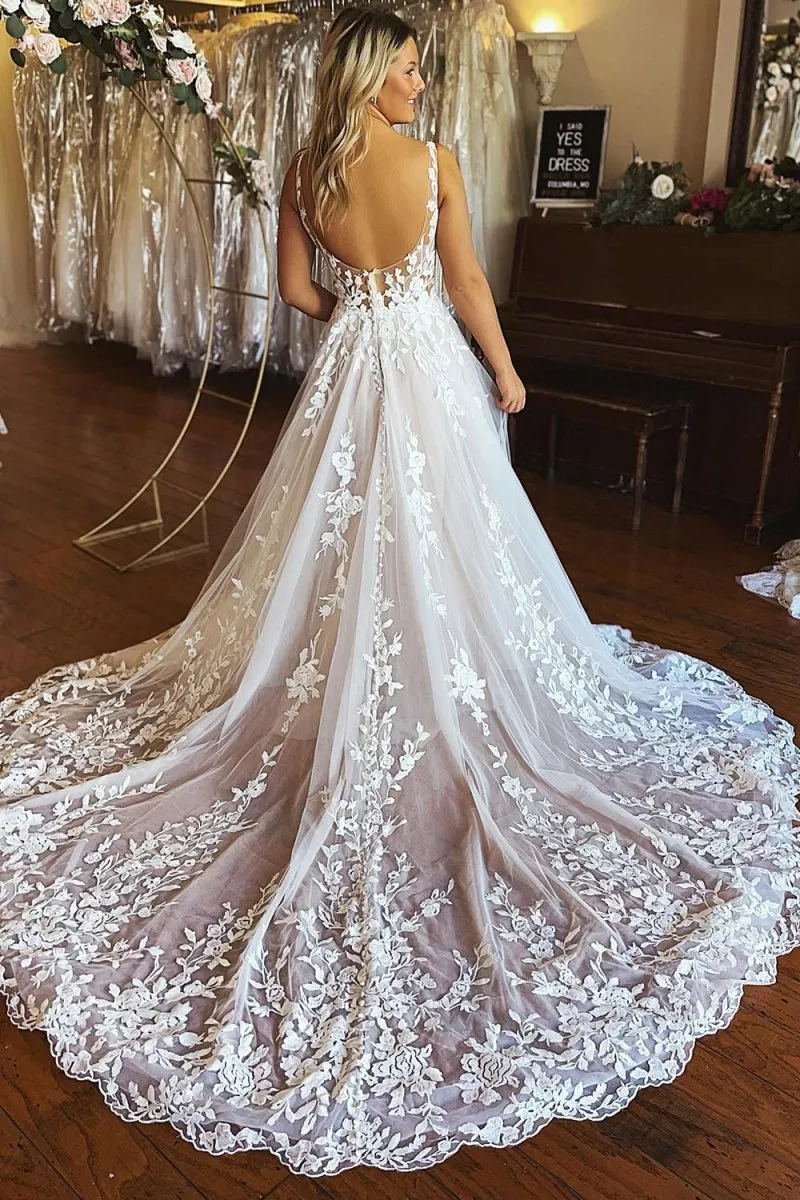 Ivory A-Line V-Neck Backless Long Lace Wedding Dress sold by KissProm product image thumbnail 2