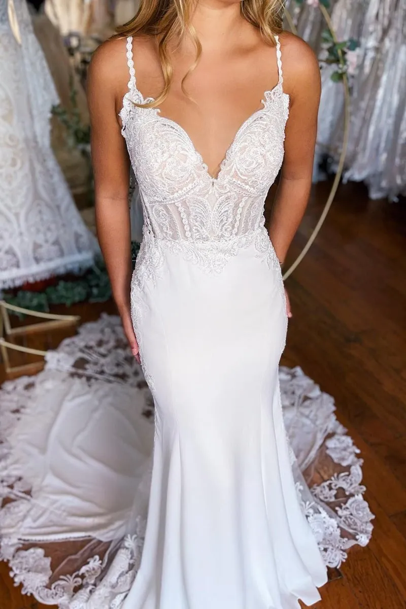White Boho Mermaid Spaghetti Straps Long Wedding Dress with Lace sold by KissProm product image thumbnail 3