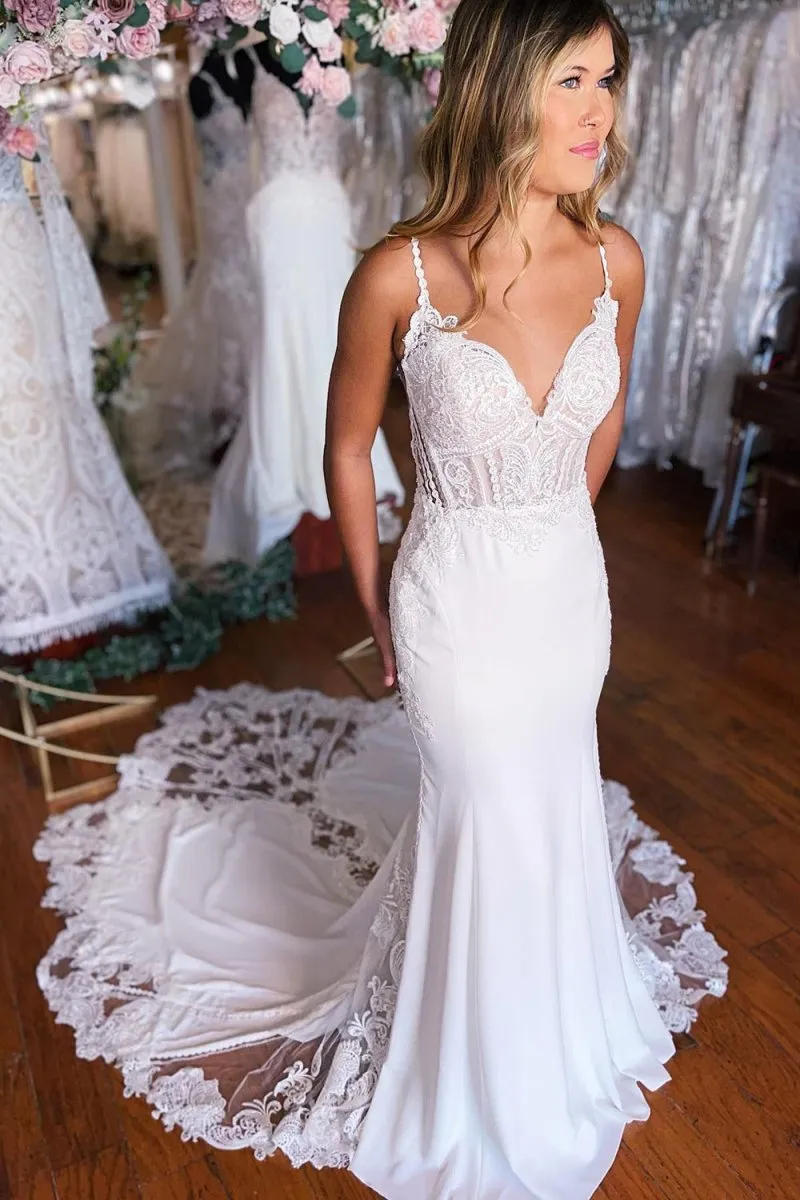 White Boho Mermaid Spaghetti Straps Long Wedding Dress with Lace sold by KissProm