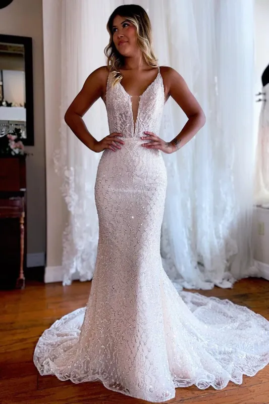 Sparkly Mermaid White Lace Backless Sweep Train Long Wedding Dress made by KissProm