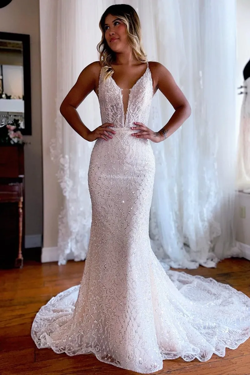 Sparkly Mermaid White Lace Backless Sweep Train Long Wedding Dress sold by KissProm