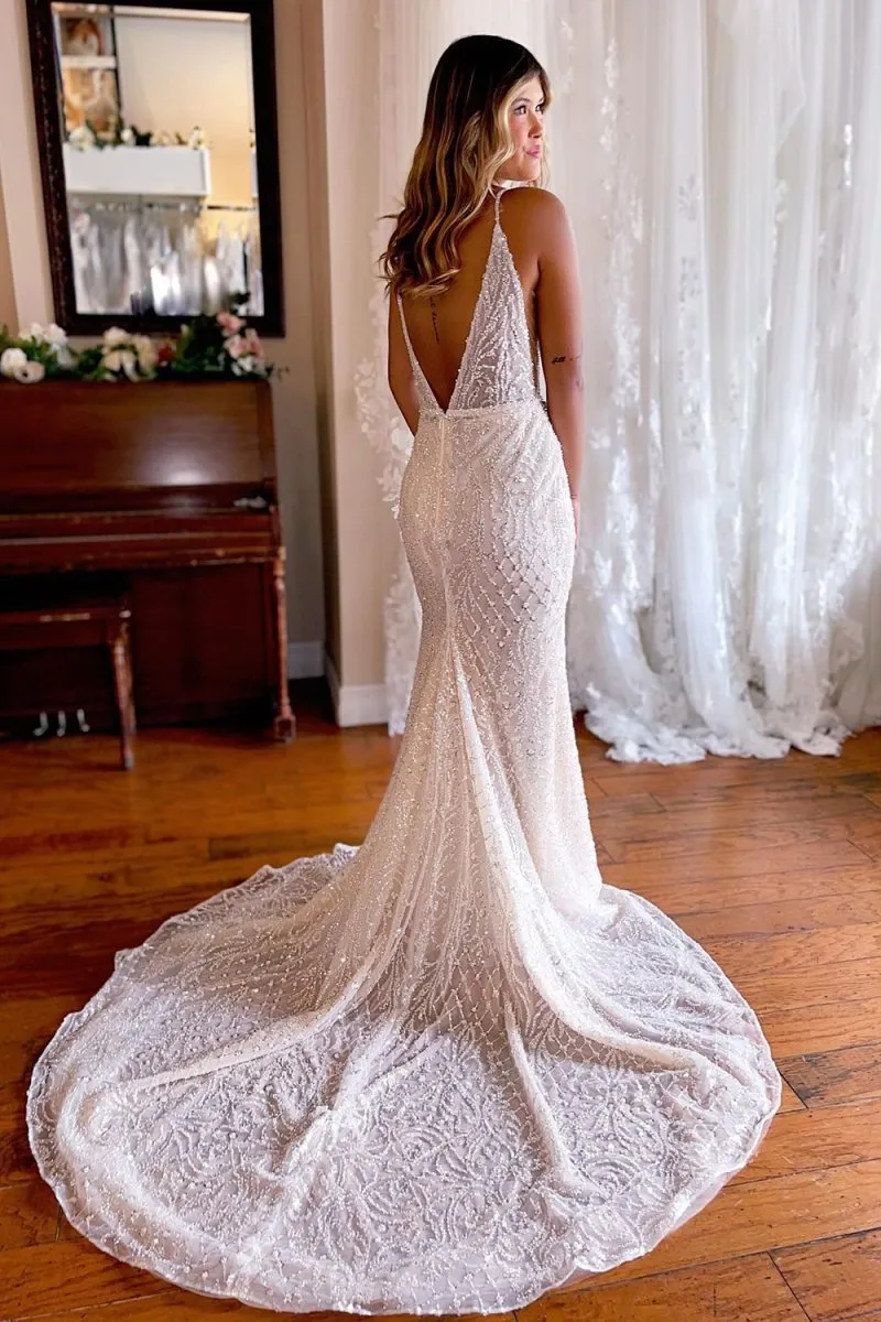 Sparkly Mermaid White Lace Backless Sweep Train Long Wedding Dress sold by KissProm product image thumbnail 2