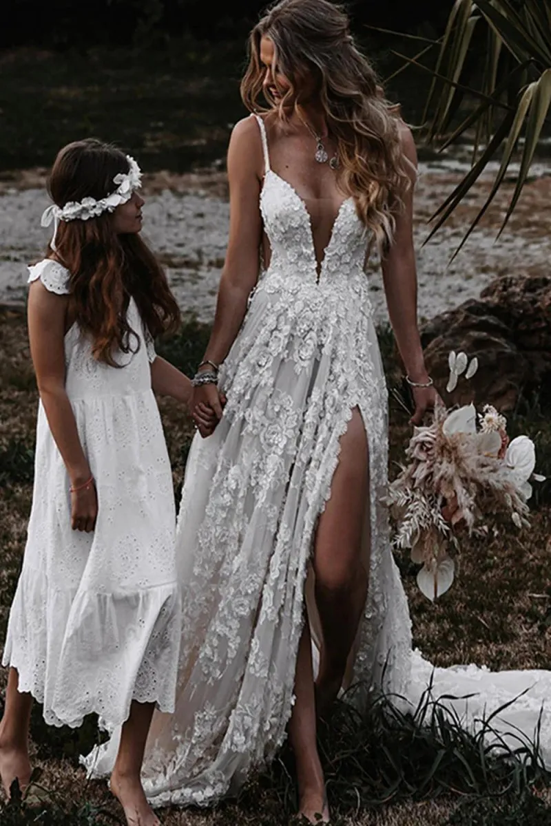 White Boho A-Line Lace Wedding Dress with Appliques sold by KissProm