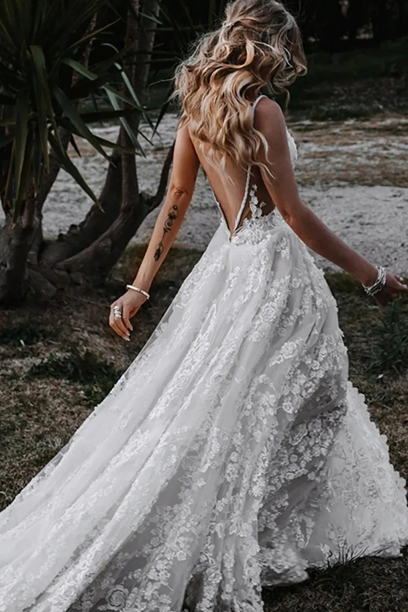 White Boho A-Line Lace Wedding Dress with Appliques sold by KissProm product image thumbnail 2