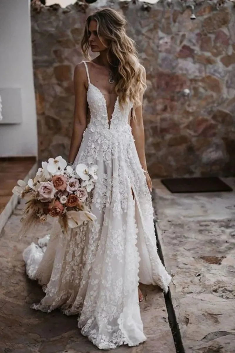 White Boho A-Line Lace Wedding Dress with Appliques sold by KissProm product image thumbnail 3