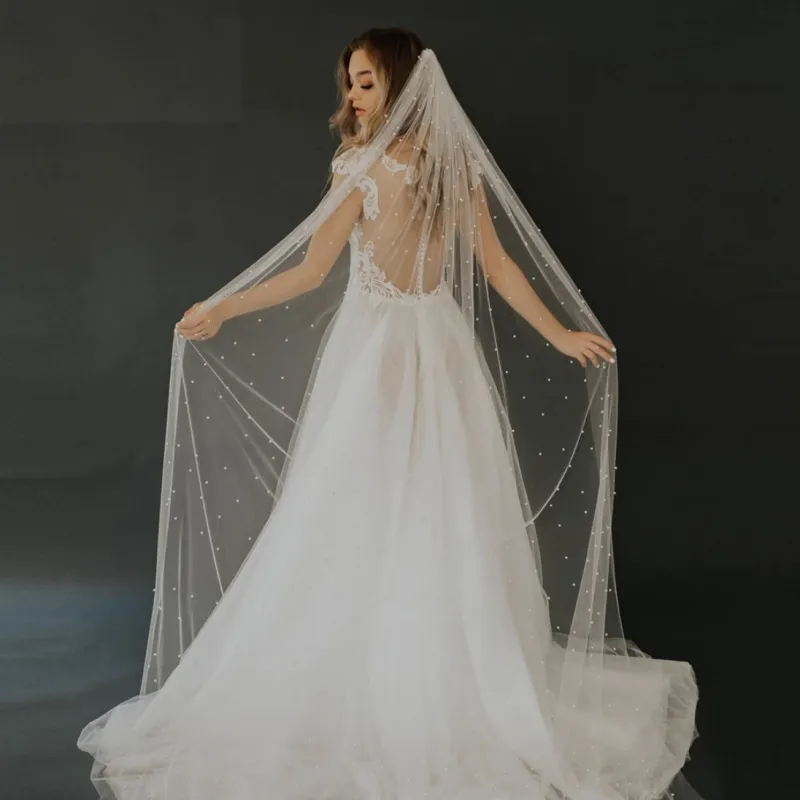 Tulle Pearl Bridal Veil with Comb made by KissProm