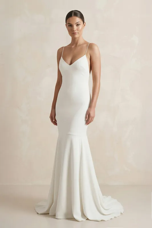 V-Neck Satin Mermaid Ruched Wedding Dress in White made by KissProm