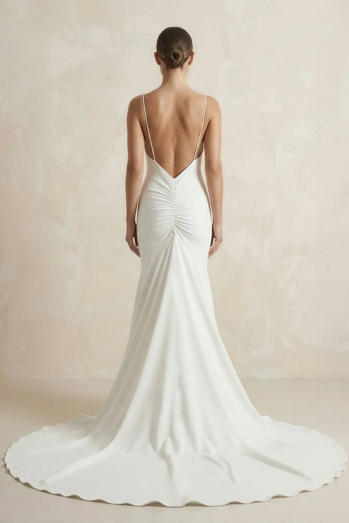 V-Neck Satin Mermaid Ruched Wedding Dress in White sold by KissProm product image thumbnail 2