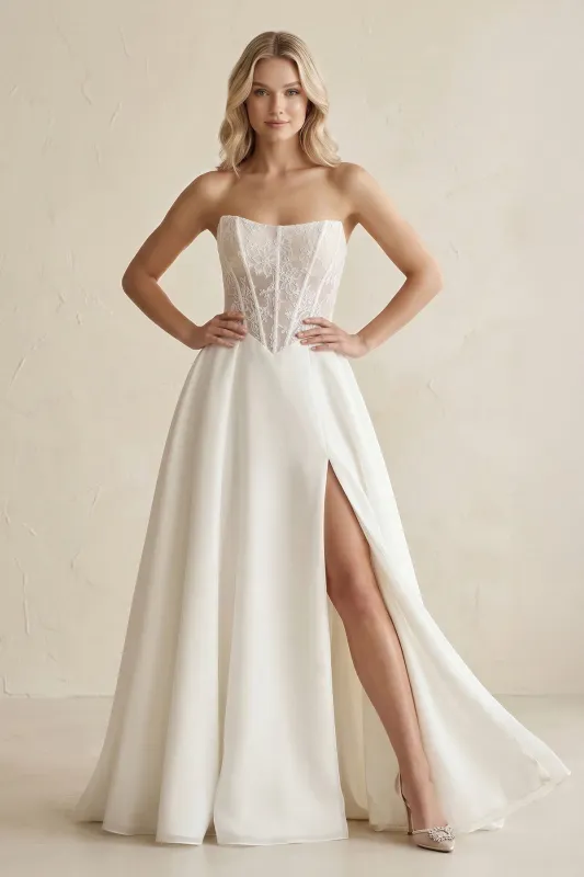 Strapless Satin Appliqued A-Line Wedding Dress with Corset in Ivory made by KissProm