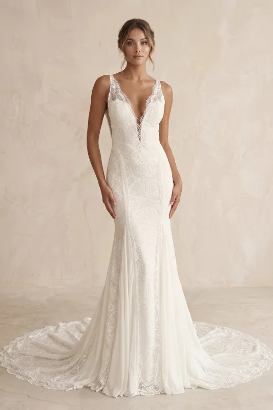 Plunging Lace Mermaid Ruched Wedding Dress in White made by KissProm