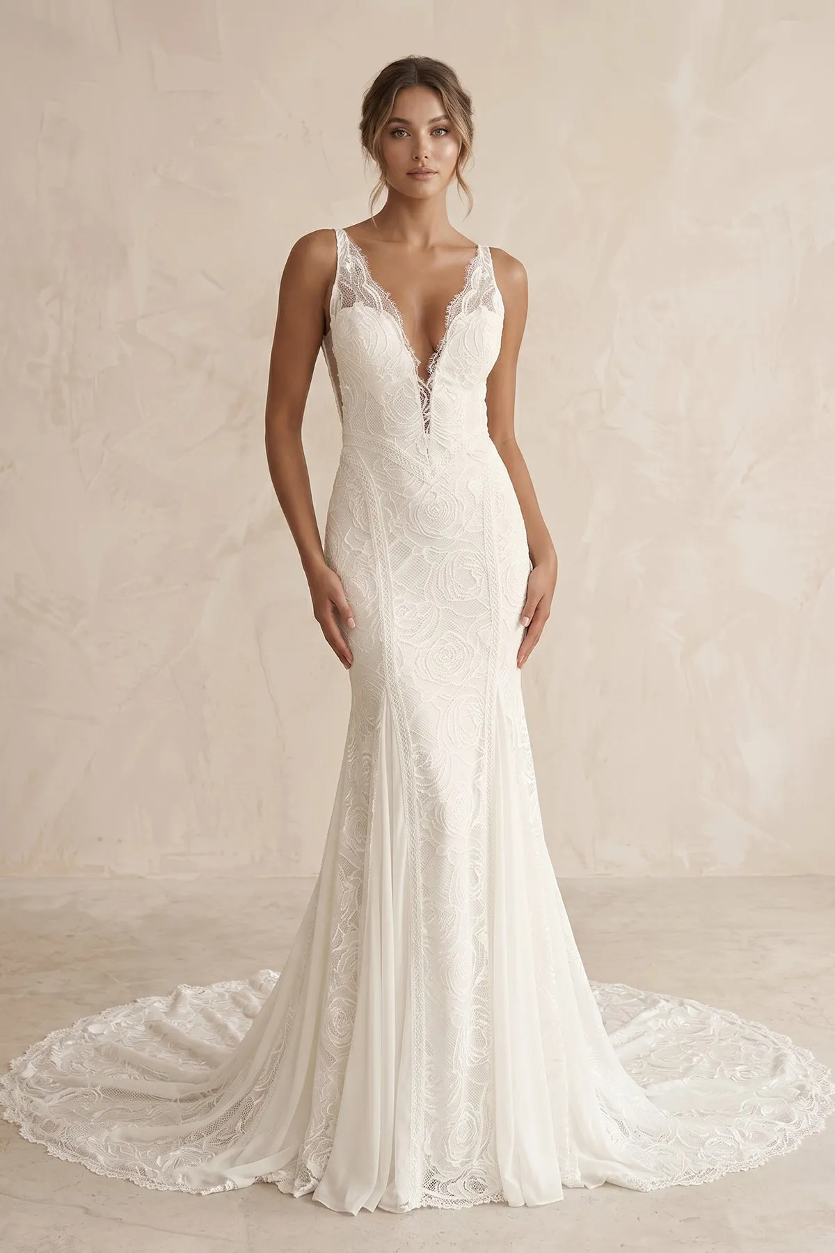 Plunging Lace Mermaid Ruched Wedding Dress in White sold by KissProm