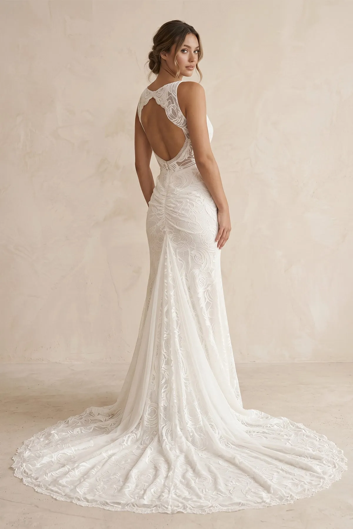 Plunging Lace Mermaid Ruched Wedding Dress in White sold by KissProm product image thumbnail 2