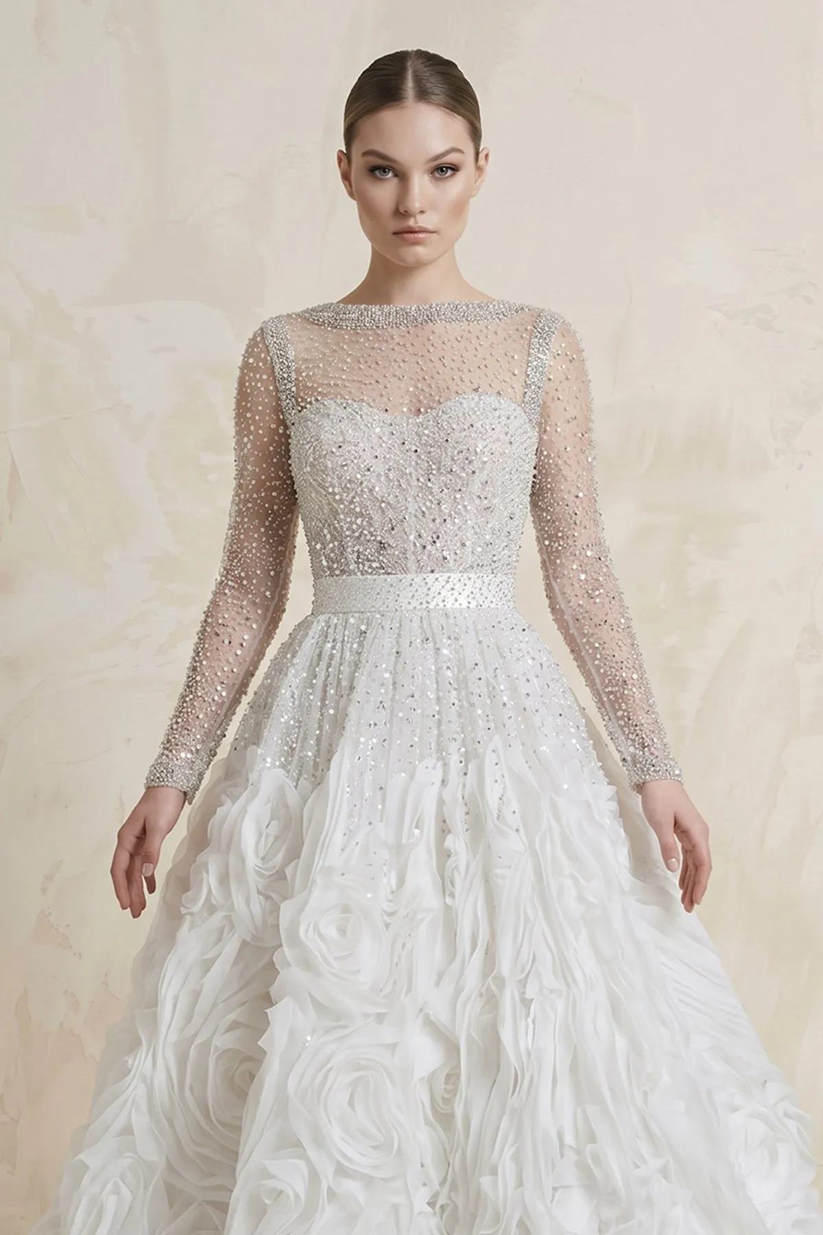 Beaded Tulle Ball-Gown Illusion 3D Flowers Wedding Dress in White sold by KissProm product image thumbnail 3