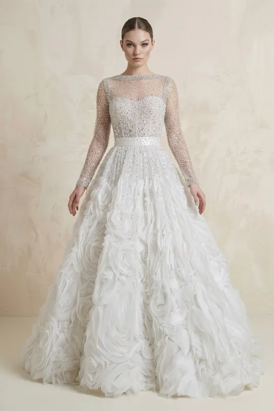 Beaded Tulle Ball-Gown Illusion 3D Flowers Wedding Dress in White made by KissProm