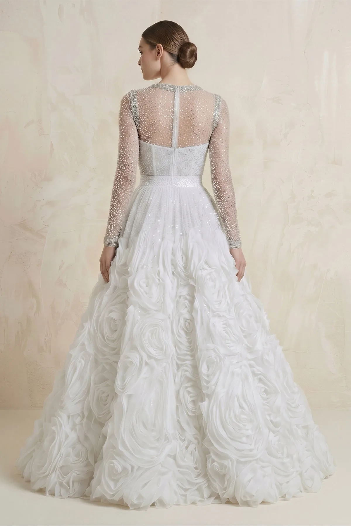 Beaded Tulle Ball-Gown Illusion 3D Flowers Wedding Dress in White sold by KissProm product image thumbnail 2