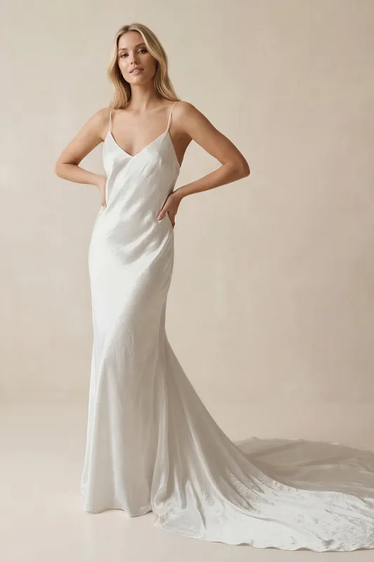V-Neck Satin Mermaid V Back Wedding Dress in White made by KissProm