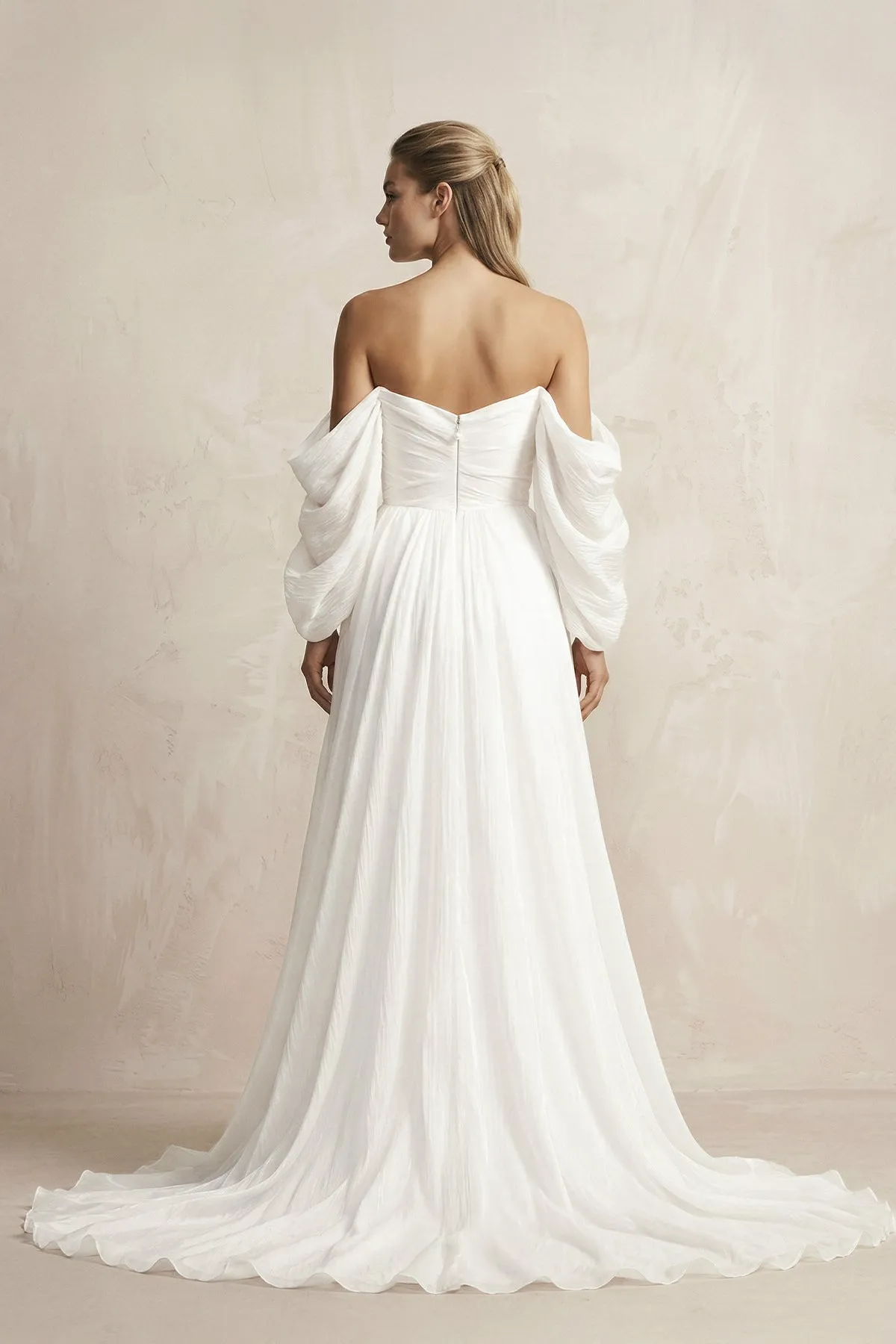 Ruched Chiffon A-Line Off-the-Shoulder Wedding Dress in White sold by KissProm product image thumbnail 2