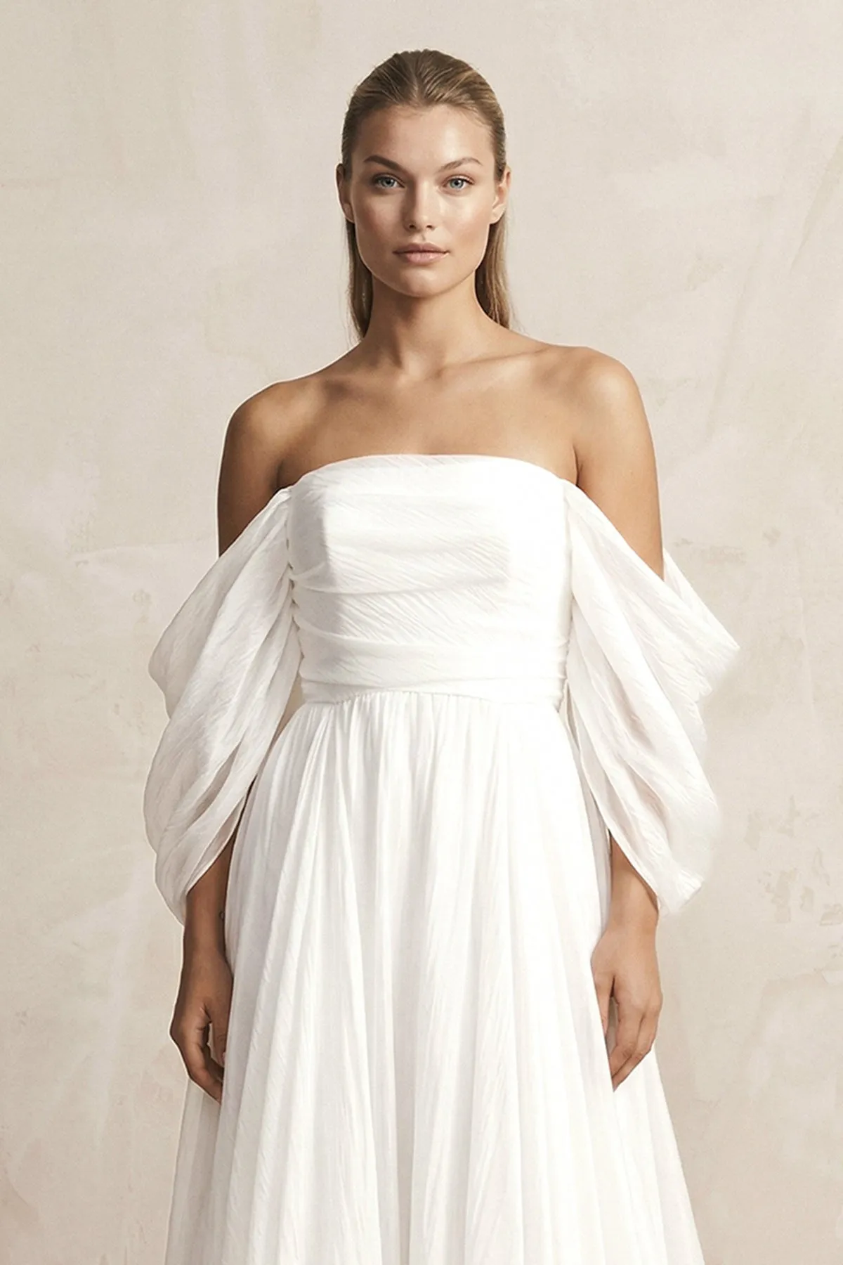 Ruched Chiffon A-Line Off-the-Shoulder Wedding Dress in White sold by KissProm product image thumbnail 3