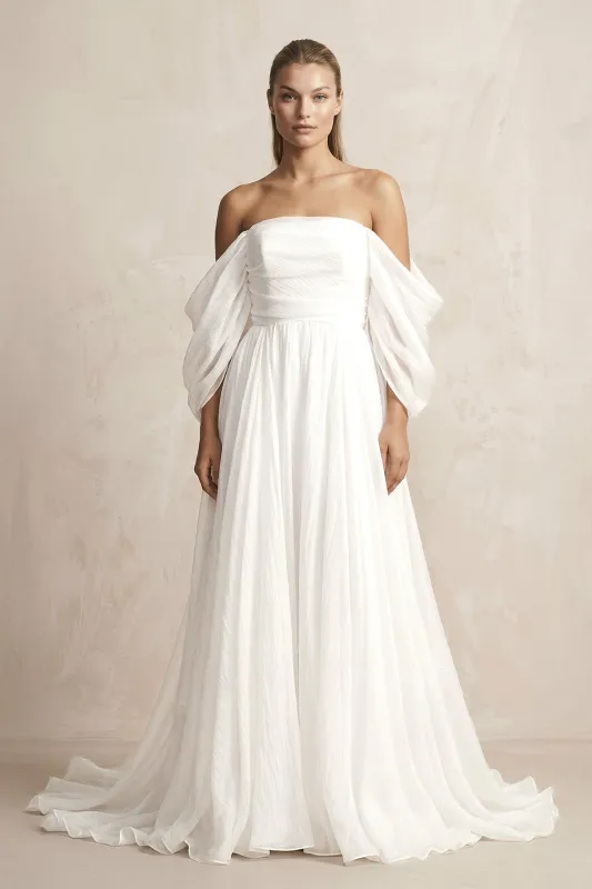 Ruched Chiffon A-Line Off-the-Shoulder Wedding Dress in White made by KissProm