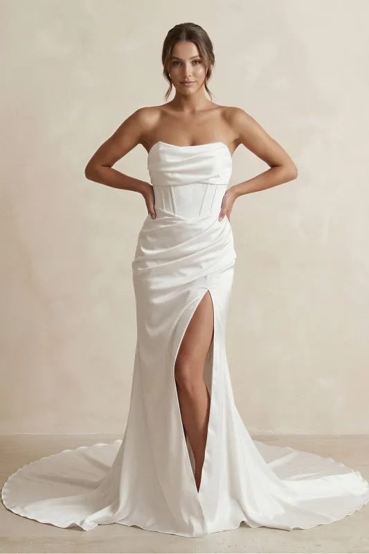 Strapless Ruched Satin Mermaid Wedding Dress with Corset in White made by KissProm