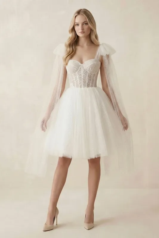 Sweetheart Tulle A-Line Midi Wedding Dress in Ivory made by KissProm