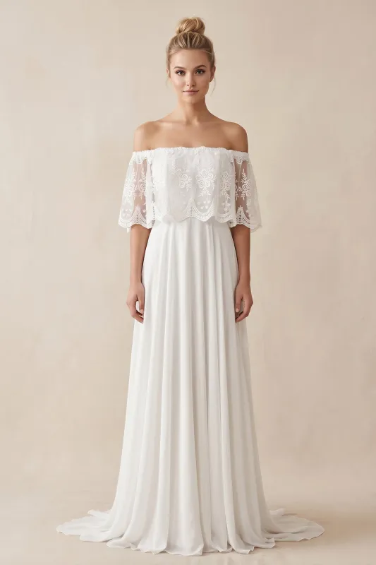 Off-the-Shoulder A-Line Chiffon Pleated Wedding Dress in White made by KissProm