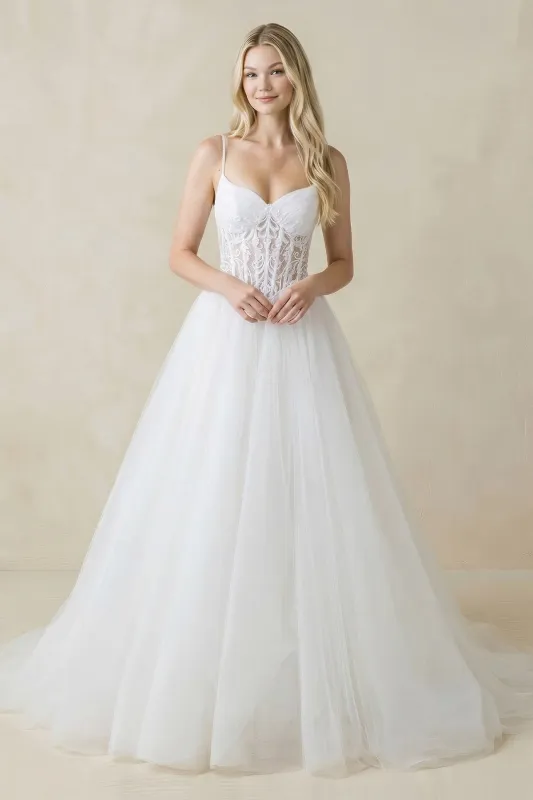 Spaghetti Straps Tulle Ball-Gown Corset Wedding Dress in White made by KissProm