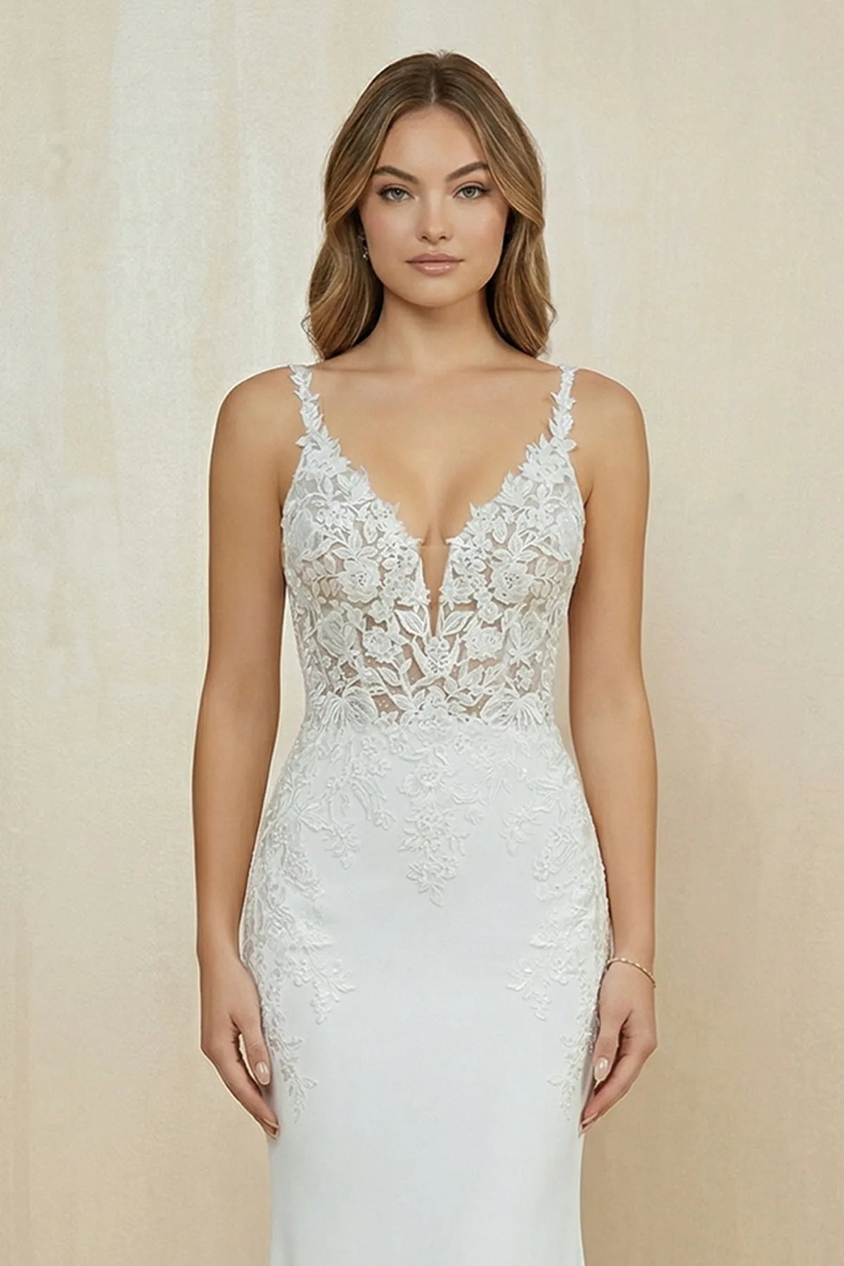 Plunging Satin Mermaid Appliqued Wedding Dress in White sold by KissProm product image thumbnail 3