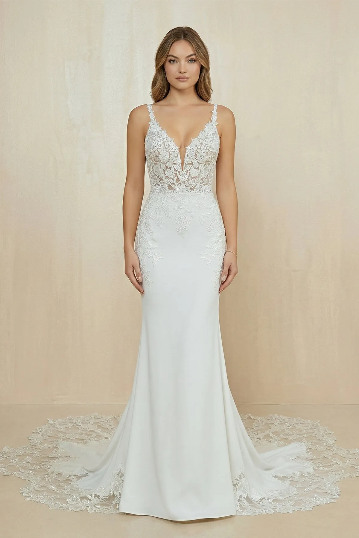 Plunging Satin Mermaid Appliqued Wedding Dress in White sold by KissProm