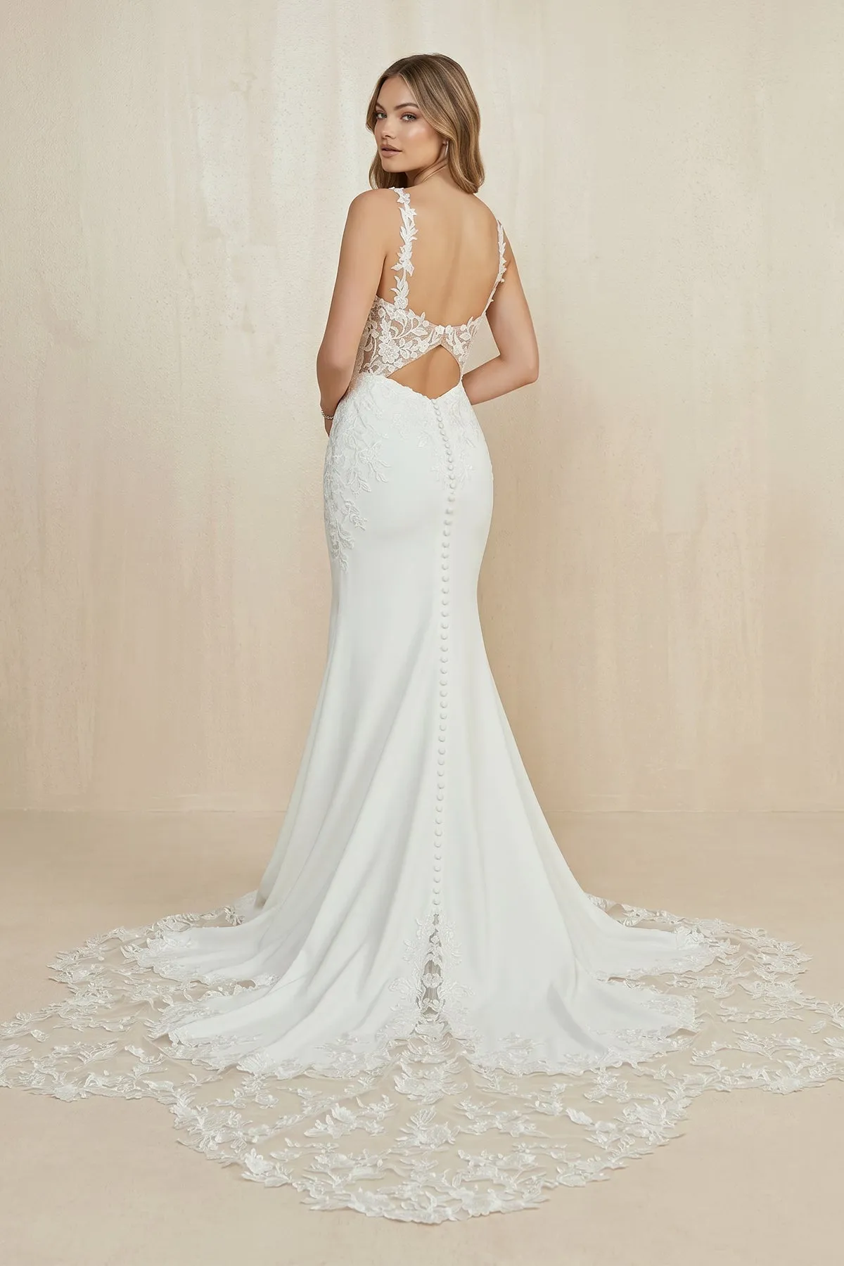 Plunging Satin Mermaid Appliqued Wedding Dress in White sold by KissProm product image thumbnail 2