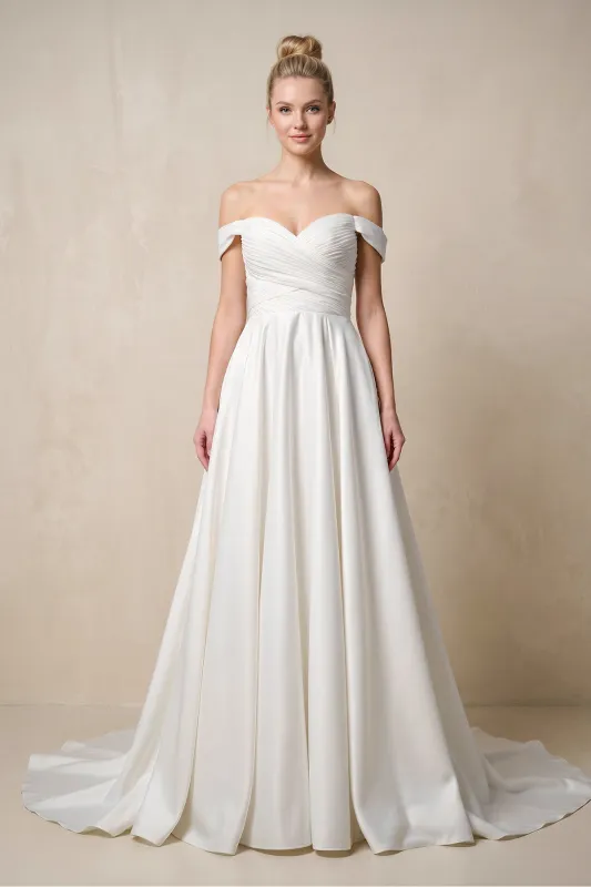 Off-the-Shoulder A-Line Satin Ruched Wedding Dress in White made by KissProm
