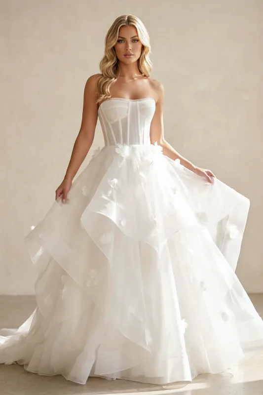 Ball-Gown Strapless Organza Corset Wedding Dress With 3D Floral Appliques in White made by KissProm