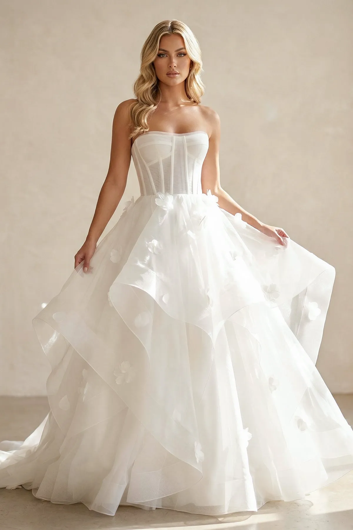 Ball-Gown Strapless Organza Corset Wedding Dress With 3D Floral Appliques in White sold by KissProm