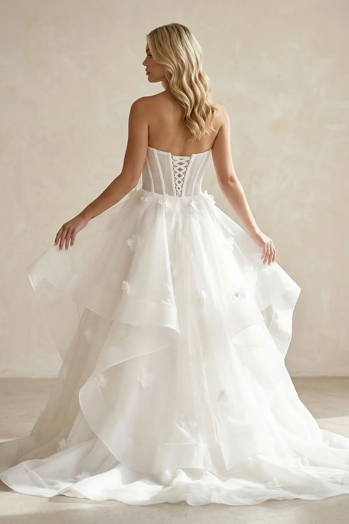 Ball-Gown Strapless Organza Corset Wedding Dress With 3D Floral Appliques in White sold by KissProm product image thumbnail 2