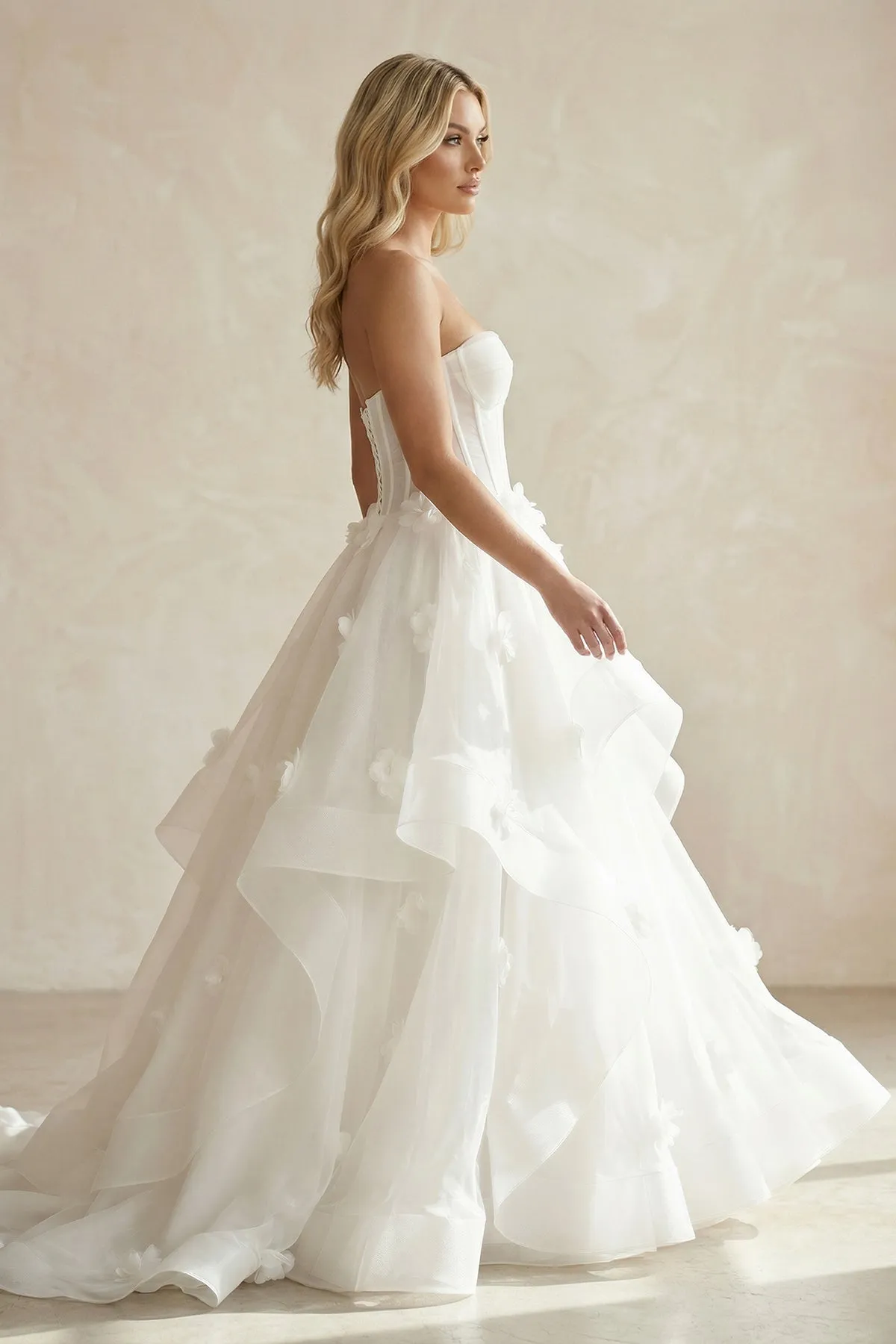 Ball-Gown Strapless Organza Corset Wedding Dress With 3D Floral Appliques in White sold by KissProm product image thumbnail 3
