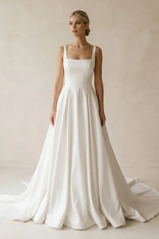 Square Neck Satin A-Line Ruched Wedding Dress in White made by KissProm