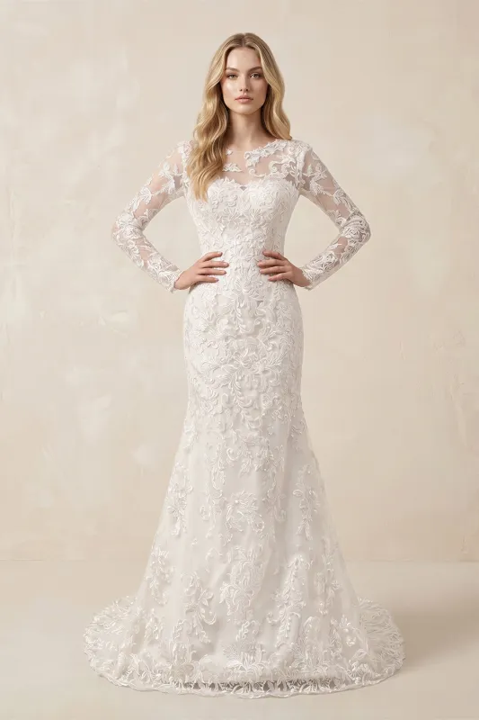 Illusion Neck Mermaid Lace Appliqued Wedding Dress in Ivory made by KissProm