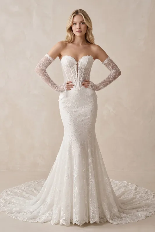 Sweetheart Mermaid Lace Corset Wedding Dress With Detachable Sleeves in White made by KissProm