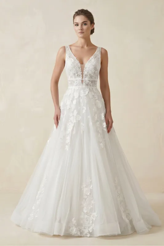 A-Line V Neck Tulle Wedding Dress With Appliques in White made by KissProm