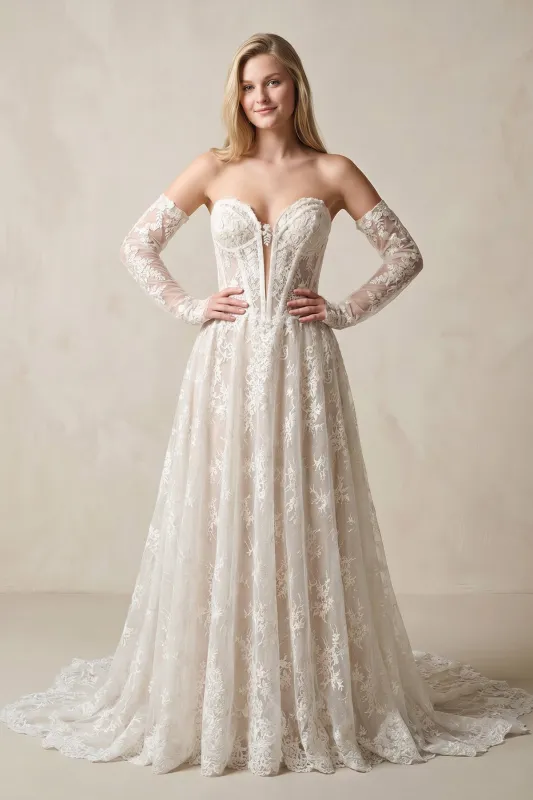 Sweetheart A-Line Lace Corset Appliqued Wedding Dress With Detachable Sleeves in Ivory made by KissProm