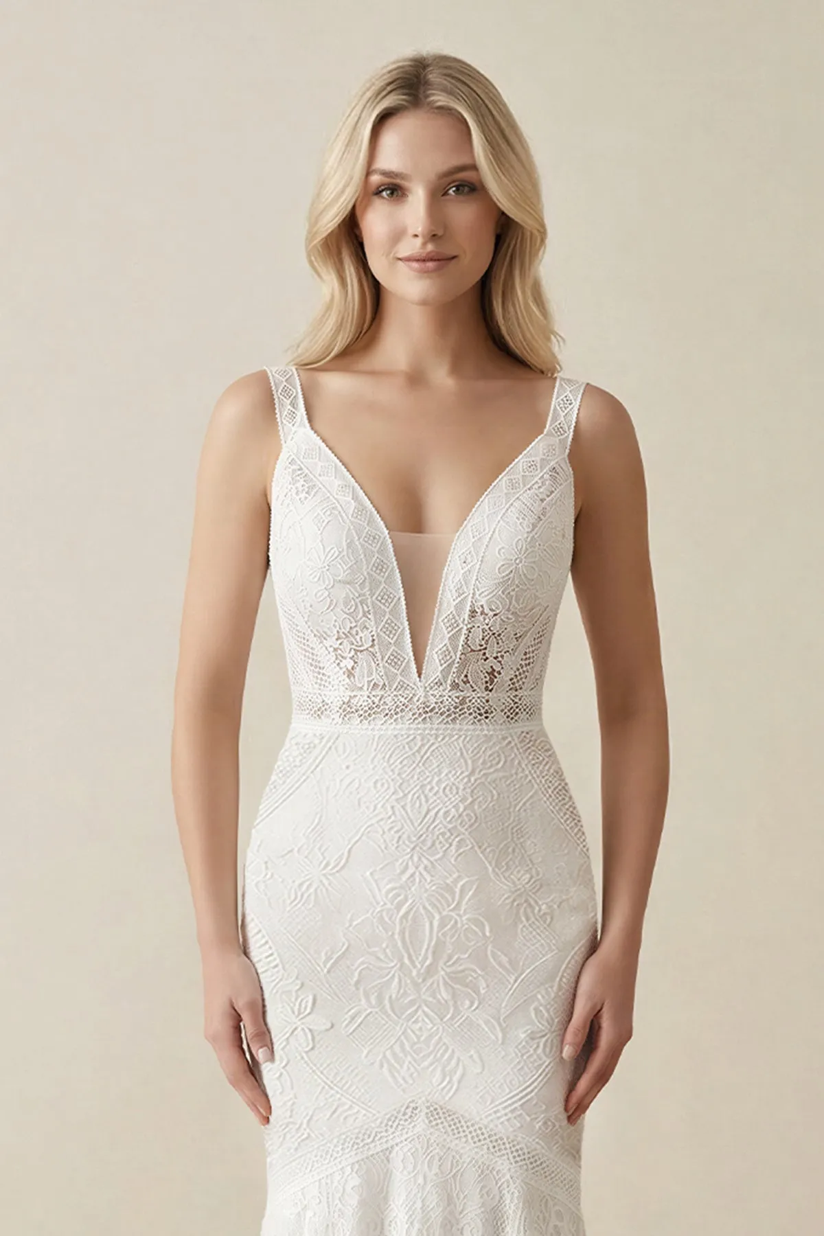 Deep V Neck Lace Mermaid Appliqued Wedding Dress in White sold by KissProm product image thumbnail 3